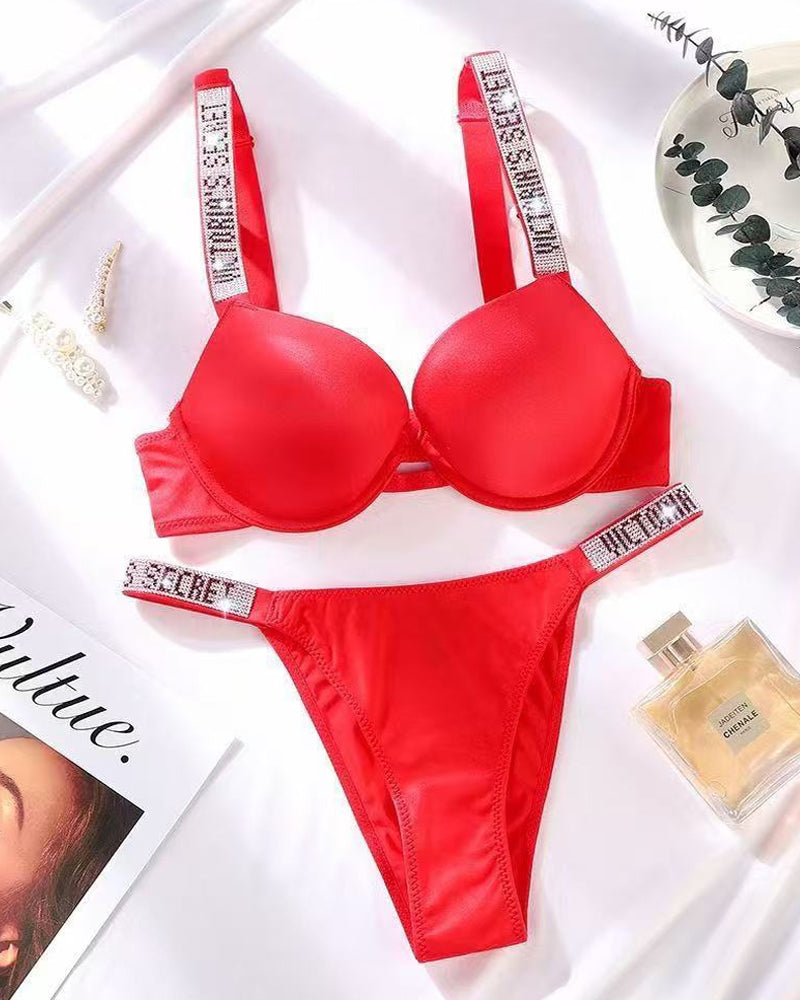 Sparkling Diamond Wide Strap Letter Rhinestone Sexy Push-Up Bra Set