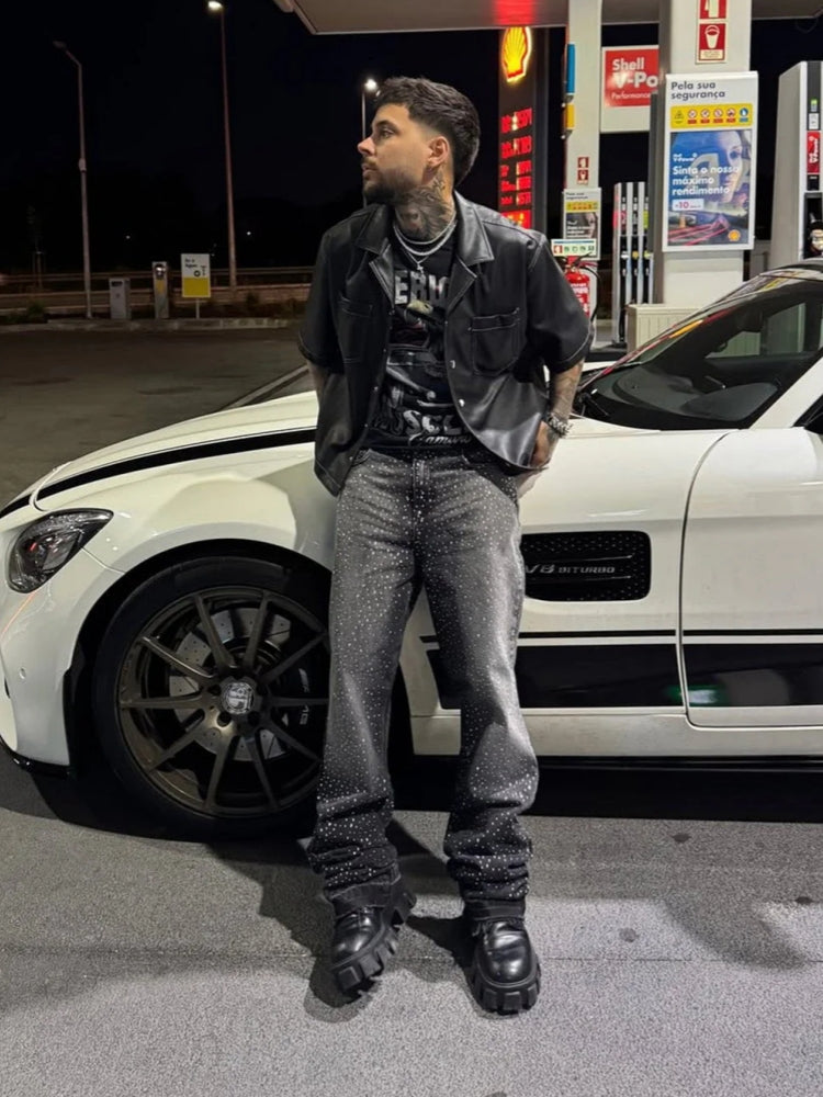 Crystal-Edged Black Flare Jeans