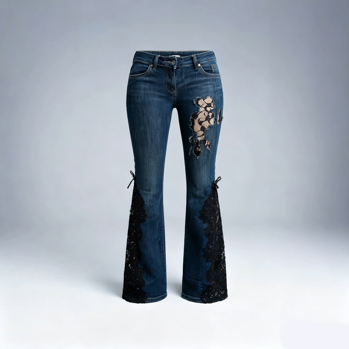Lace Patchwork Flare Jeans | Gothic Y2K Dark Denim 🖤