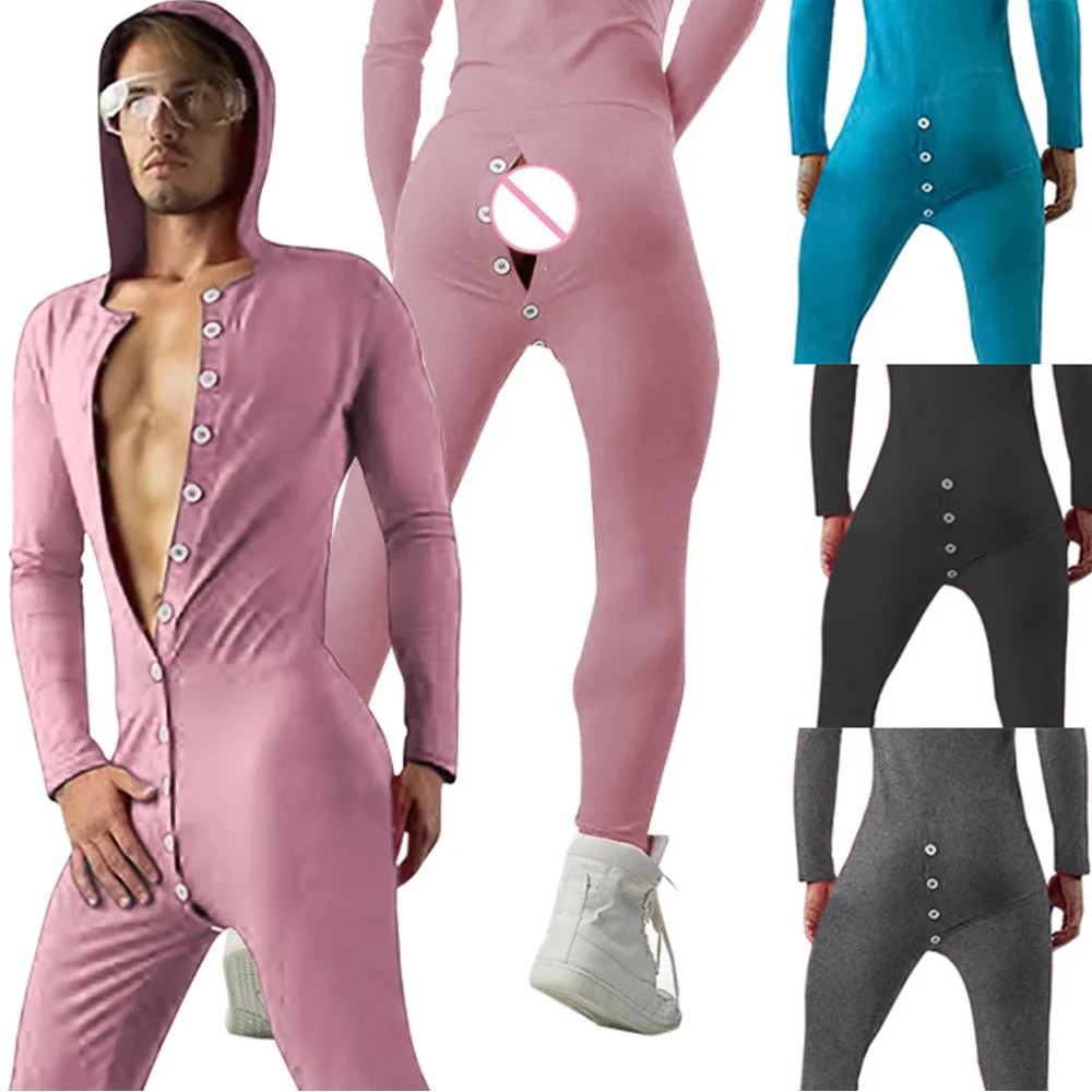  Men's Solid Cozy Button Down Jumpsuit Pajamas 