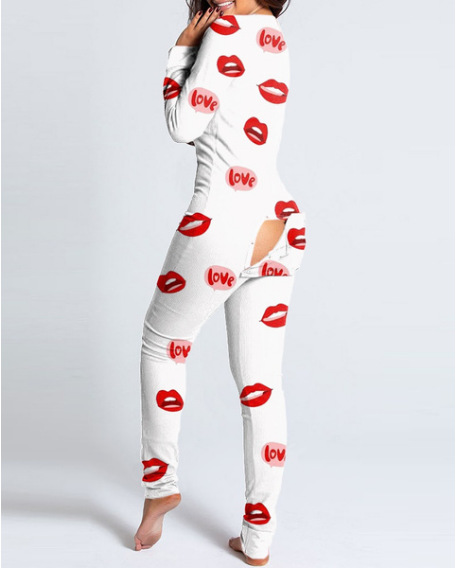 Christmas Button Flap Long Sleeve Lounge Wear Jumpsuit