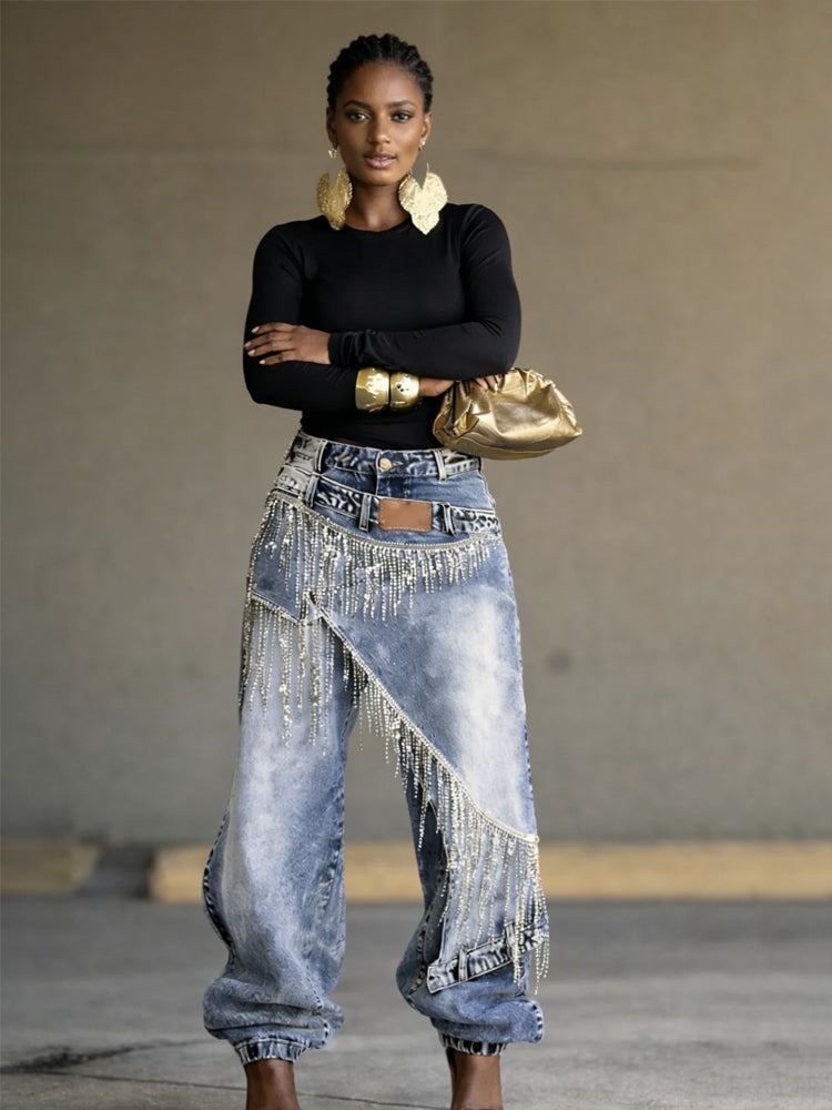 Rhinestone Fringe Asymmetrical Denim Pants