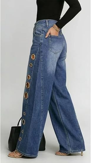 Women's High Waisted Wide Leg Jeans Trendy Eyelet Cutout Baggy Denim Long Pants with Pocket