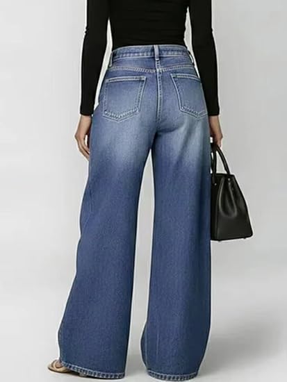 Women's High Waisted Wide Leg Jeans Trendy Eyelet Cutout Baggy Denim Long Pants with Pocket