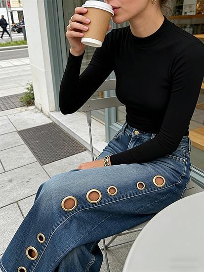 Women's High Waisted Wide Leg Jeans Trendy Eyelet Cutout Baggy Denim Long Pants with Pocket