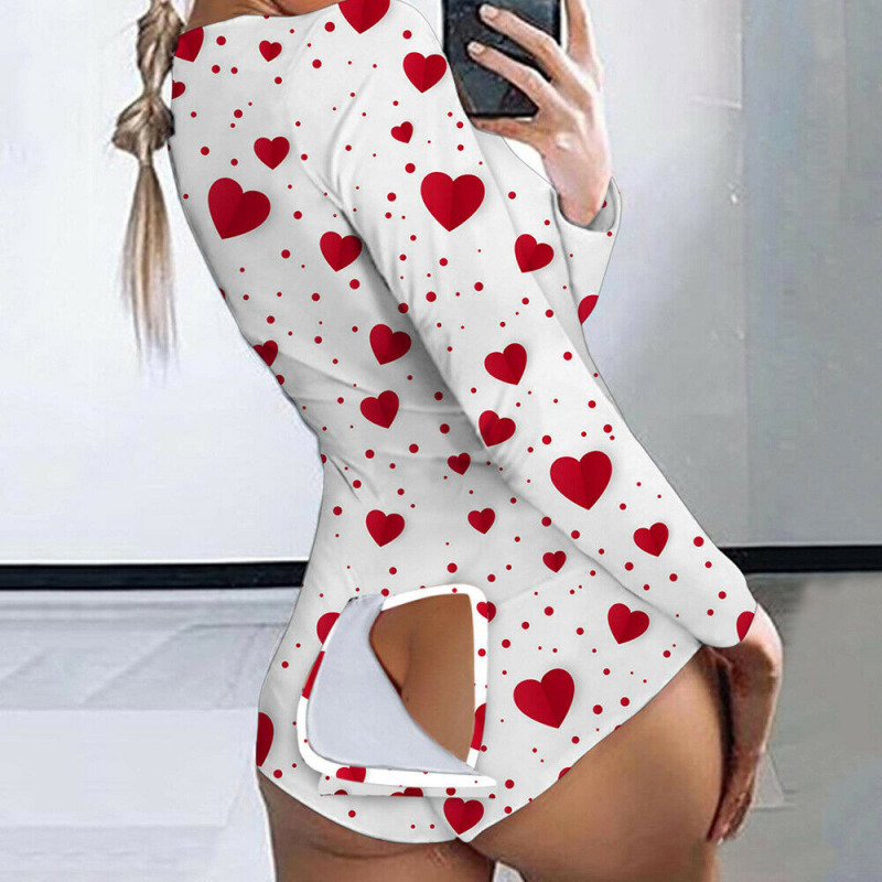 Sexy Women Jumpsuits Pajamas Ladies Back Butt Bum Open Button Flap Sexy Pyjamas`