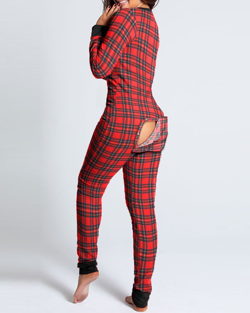 Christmas Button Flap Long Sleeve Lounge Wear Jumpsuit
