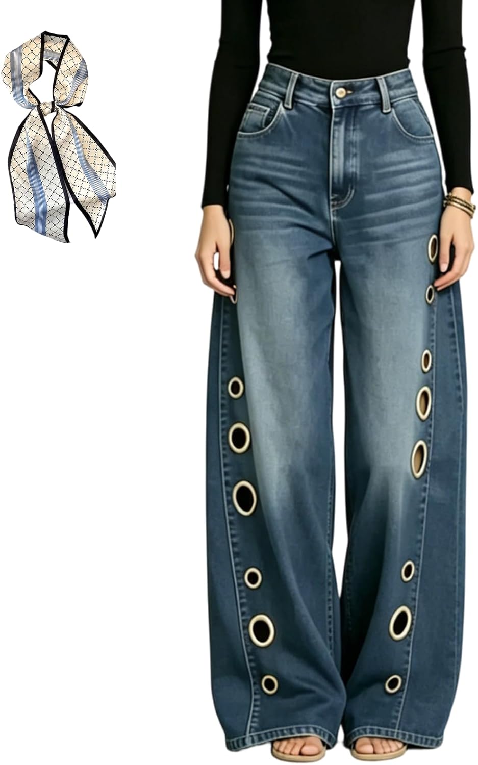 Women's High Waisted Wide Leg Jeans Trendy Eyelet Cutout Baggy Denim Long Pants with Pocket