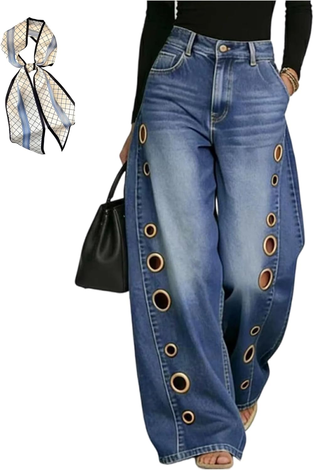 Women's High Waisted Wide Leg Jeans Trendy Eyelet Cutout Baggy Denim Long Pants with Pocket
