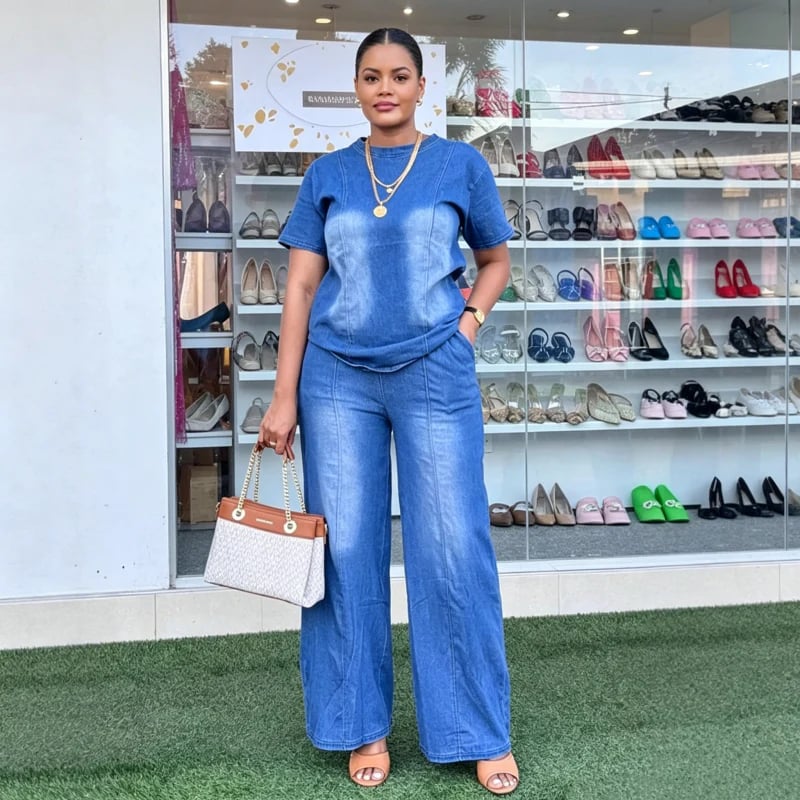 Women's Casual Denim Top & Pants 2-Piece Set