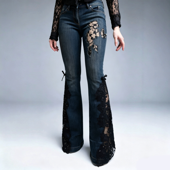 Lace Patchwork Flare Jeans | Gothic Y2K Dark Denim 🖤