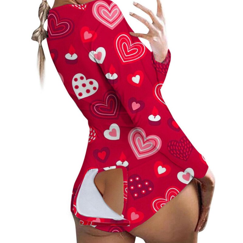 Sexy Women Jumpsuits Pajamas Ladies Back Butt Bum Open Button Flap Sexy Pyjamas`