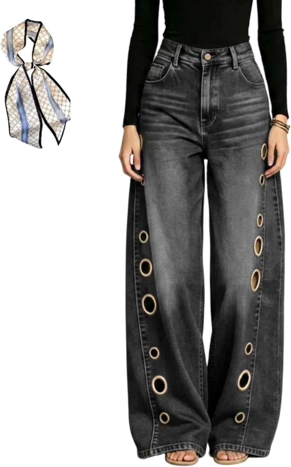 Women's High Waisted Wide Leg Jeans Trendy Eyelet Cutout Baggy Denim Long Pants with Pocket