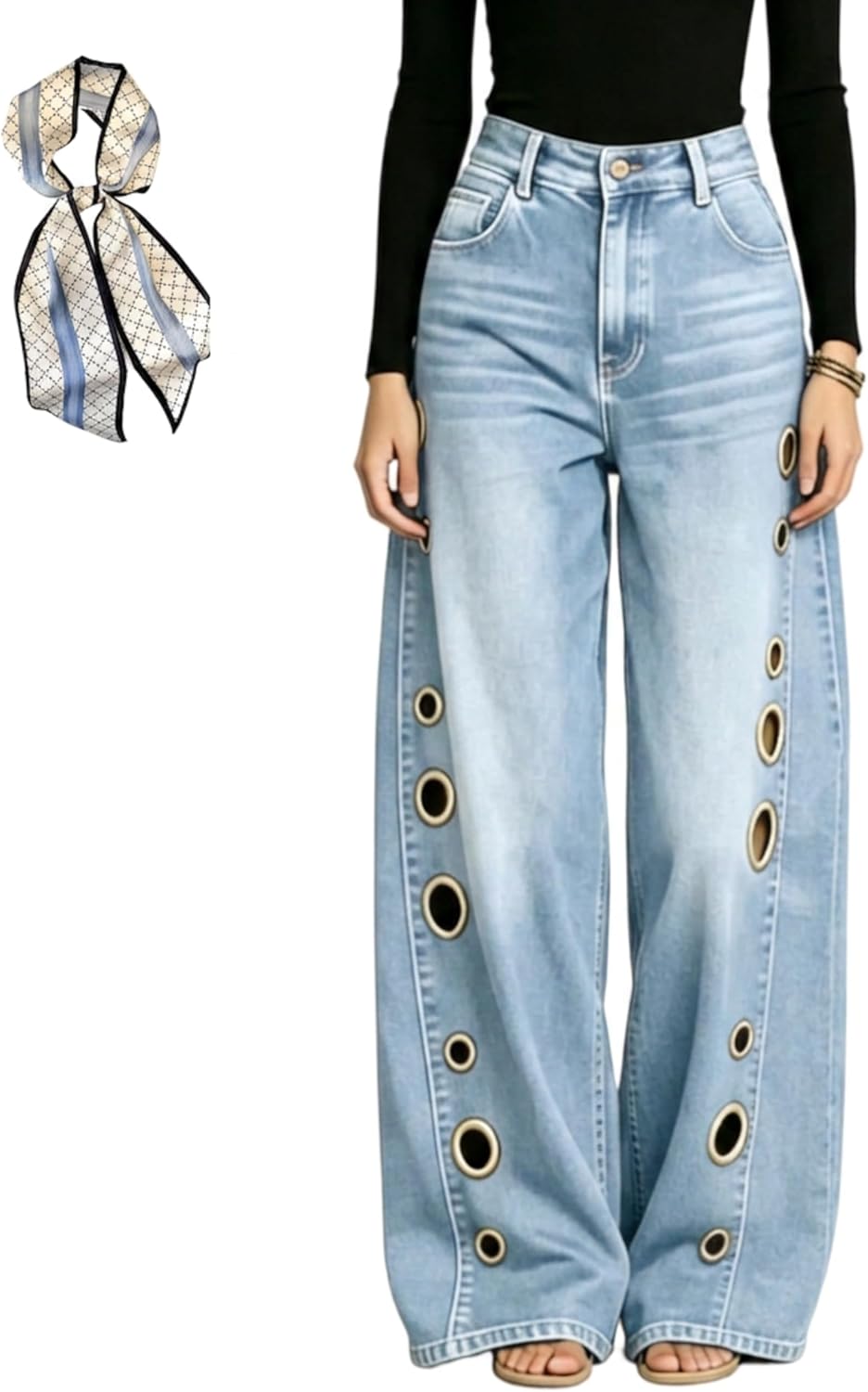 Women's High Waisted Wide Leg Jeans Trendy Eyelet Cutout Baggy Denim Long Pants with Pocket