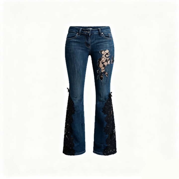 Lace Patchwork Flare Jeans | Gothic Y2K Dark Denim 🖤