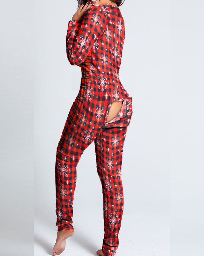 Christmas Button Flap Long Sleeve Lounge Wear Jumpsuit