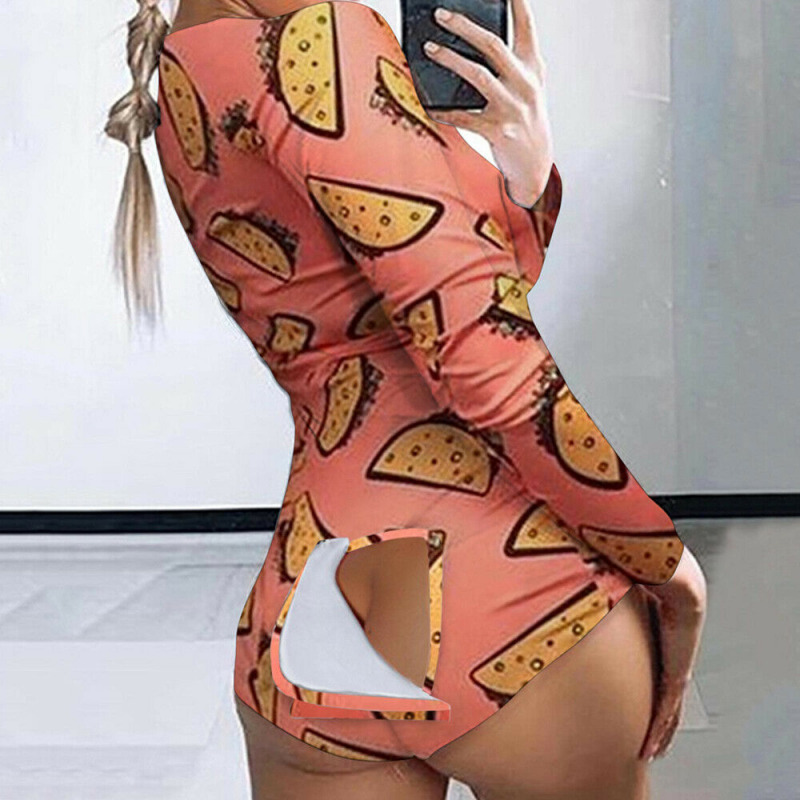 Sexy Women Jumpsuits Pajamas Ladies Back Butt Bum Open Button Flap Sexy Pyjamas`