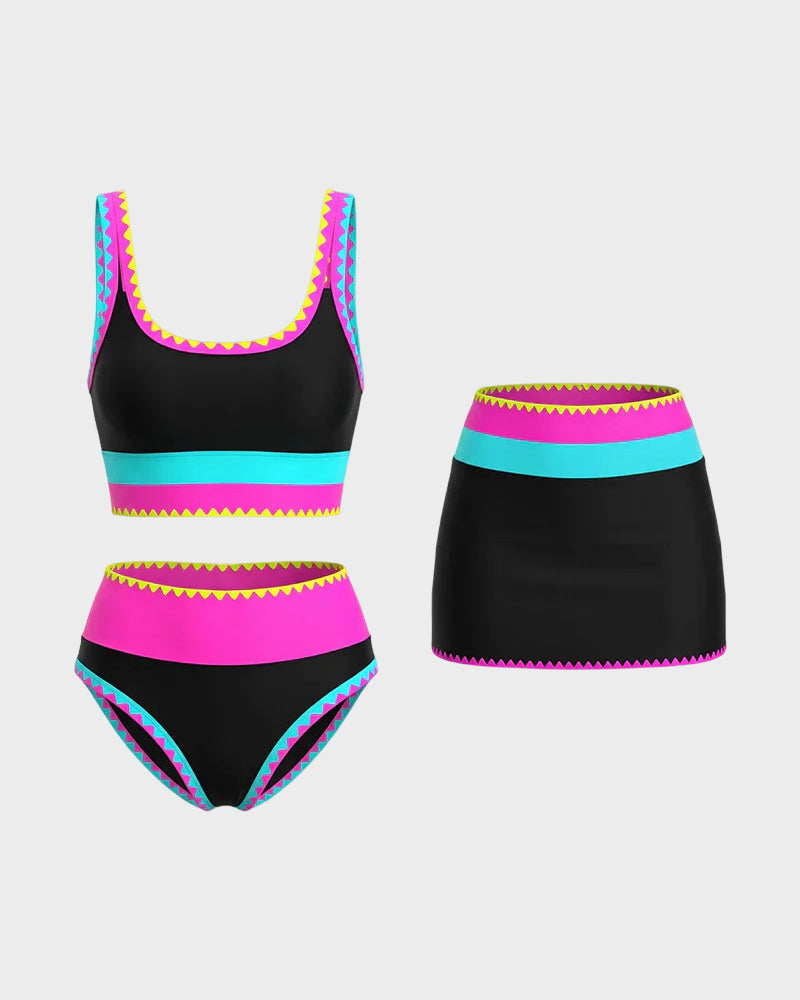 Color Contrast Patchwork Nylon Sporty 3 Piece Bikini Sets