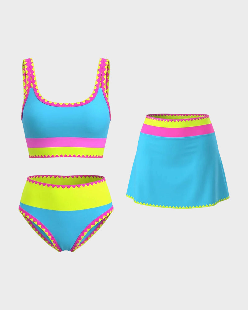 Color Contrast Patchwork Nylon Sporty 3 Piece Bikini Sets