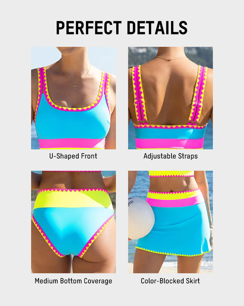 Color Contrast Patchwork Nylon Sporty 3 Piece Bikini Sets