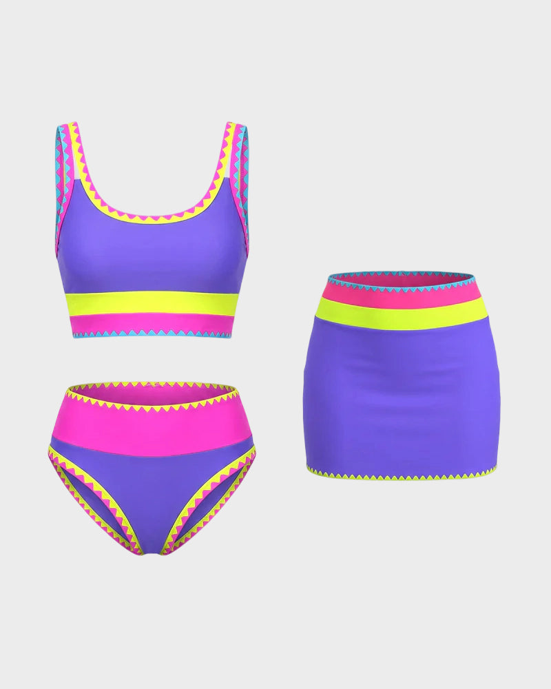 Color Contrast Patchwork Nylon Sporty 3 Piece Bikini Sets