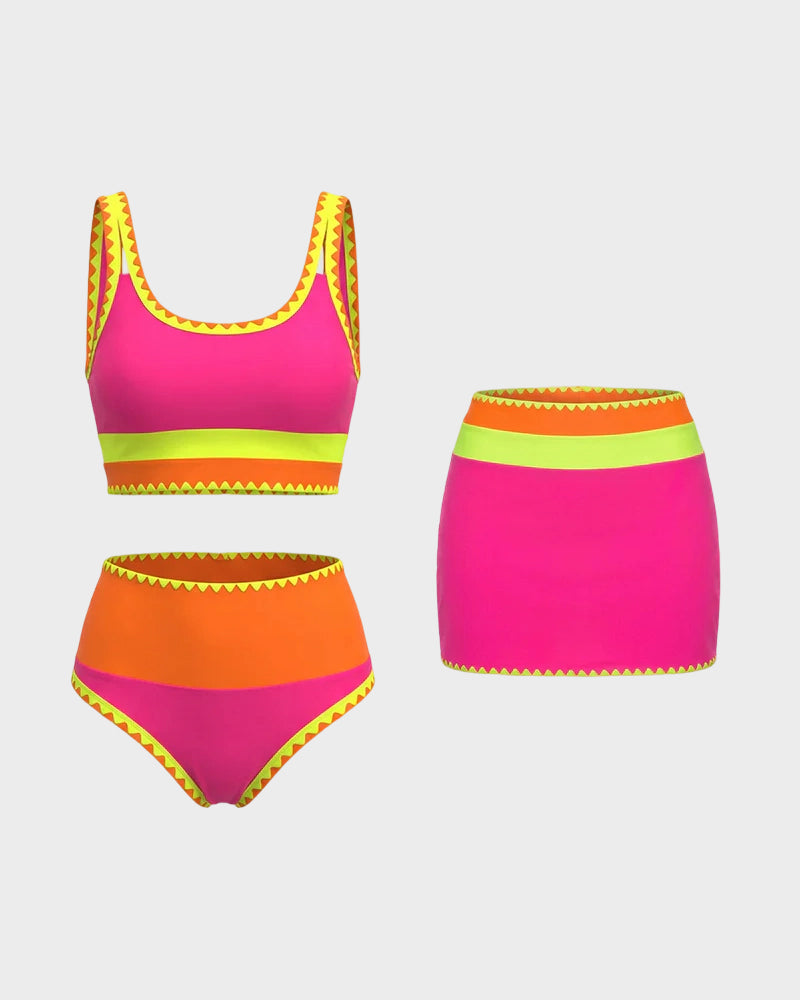 Color Contrast Patchwork Nylon Sporty 3 Piece Bikini Sets