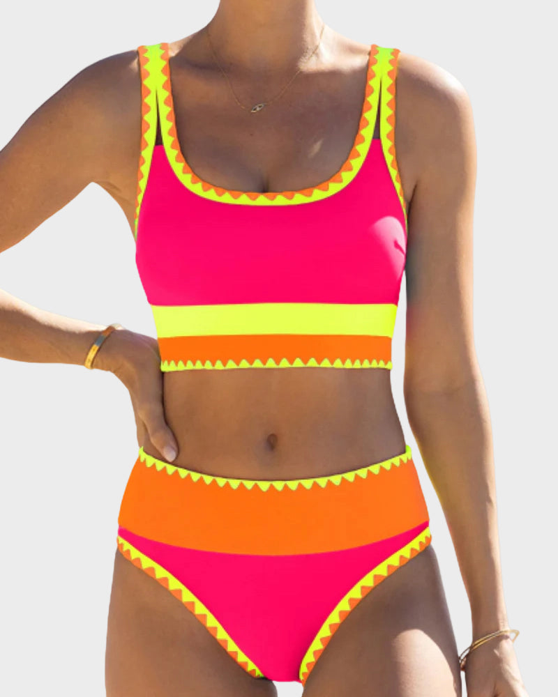 Color Contrast Patchwork Nylon Sporty 3 Piece Bikini Sets