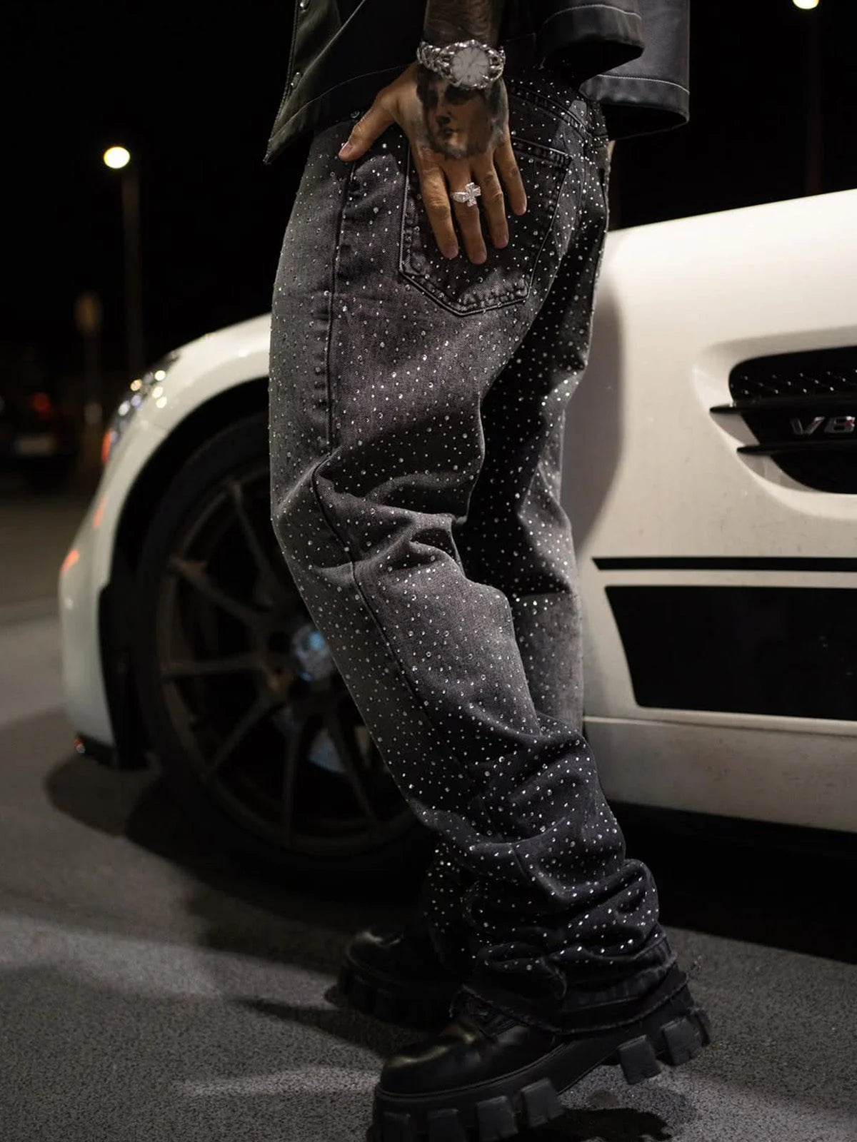 Crystal-Edged Black Flare Jeans