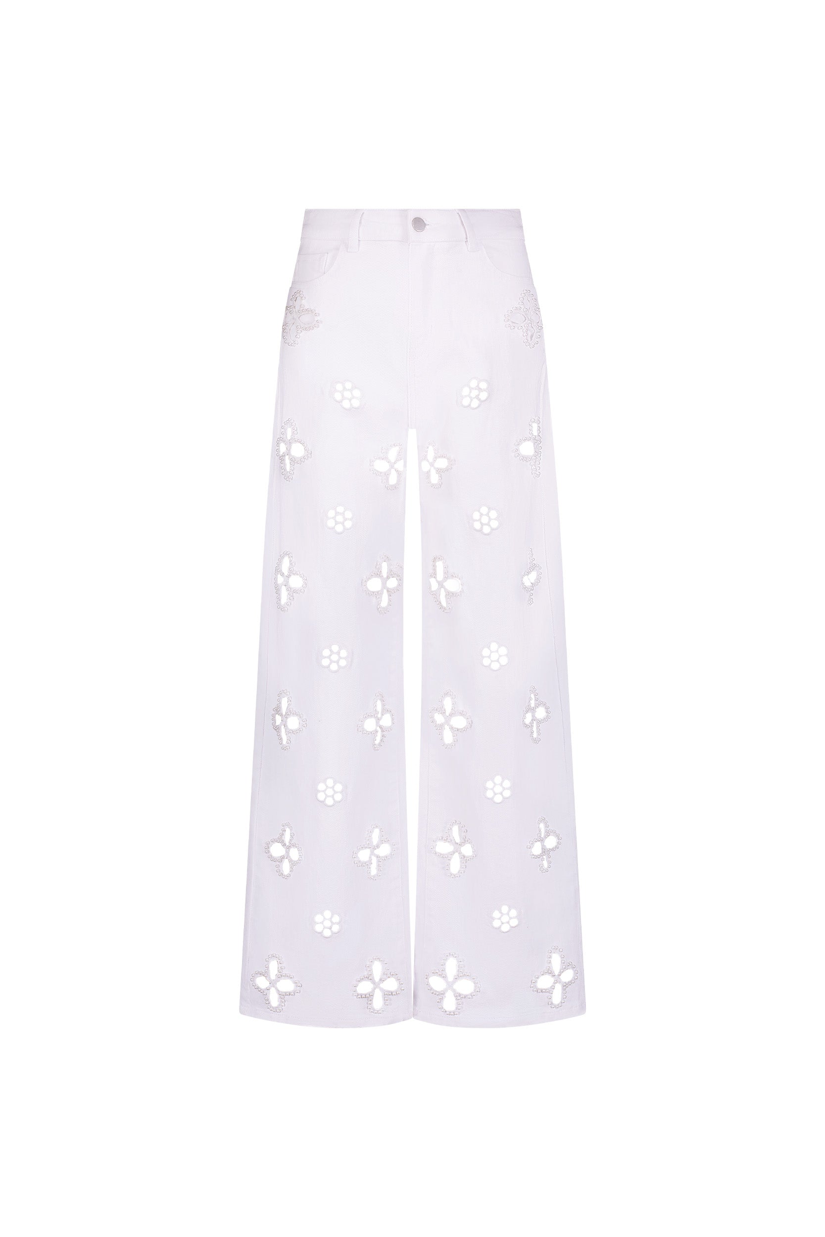 The Kaia Pearl High Rise Jean in White features stretch denim, a high-rise waist, front button closure, side and back pockets, and embroidered floral cutout details on the legs.