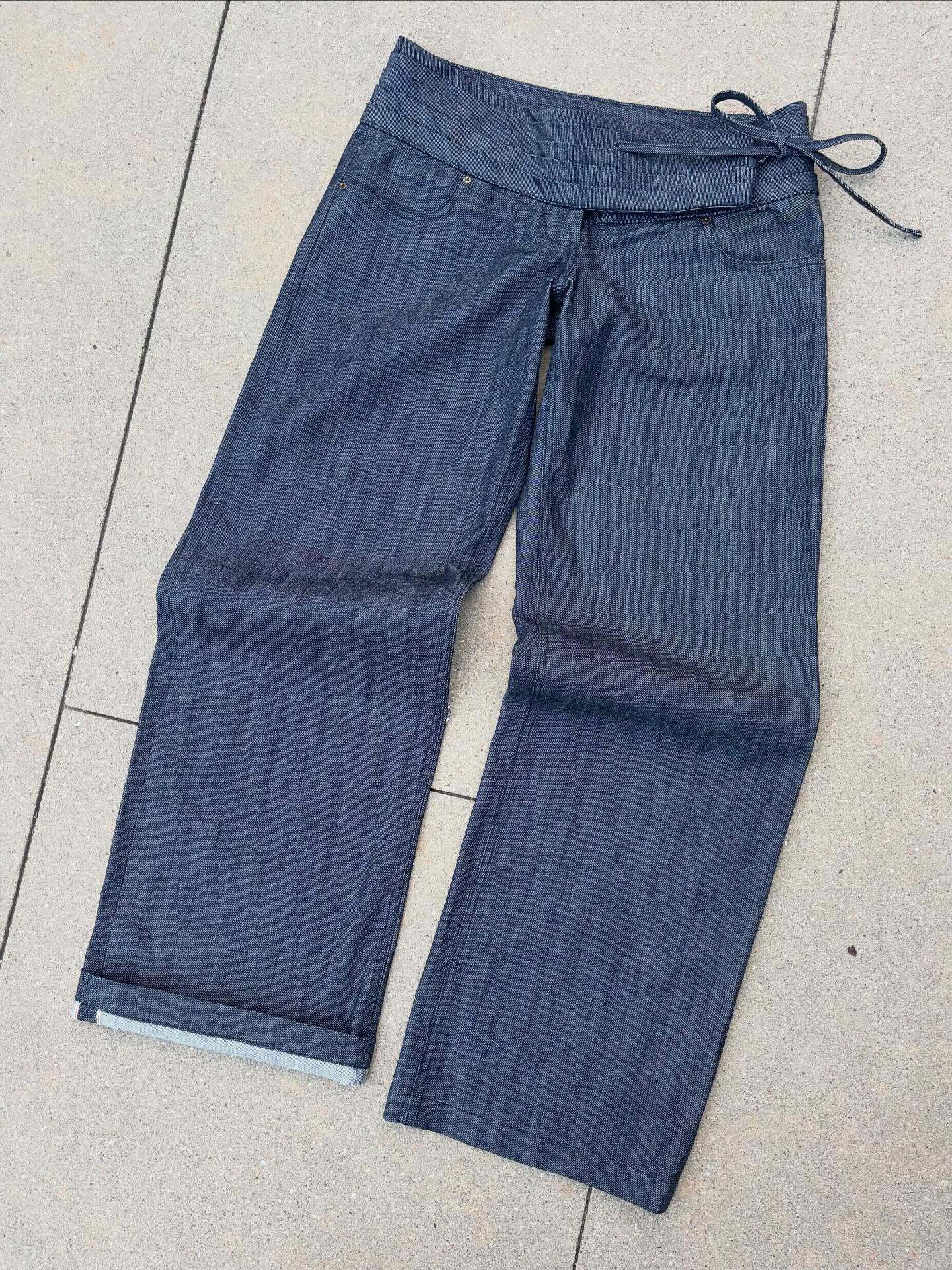New Solid-Color Drawstring Pleated Floor-Length Denim Trousers