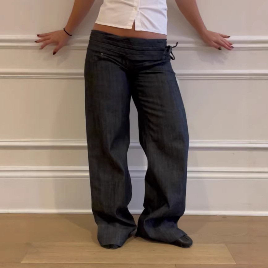 New Solid-Color Drawstring Pleated Floor-Length Denim Trousers