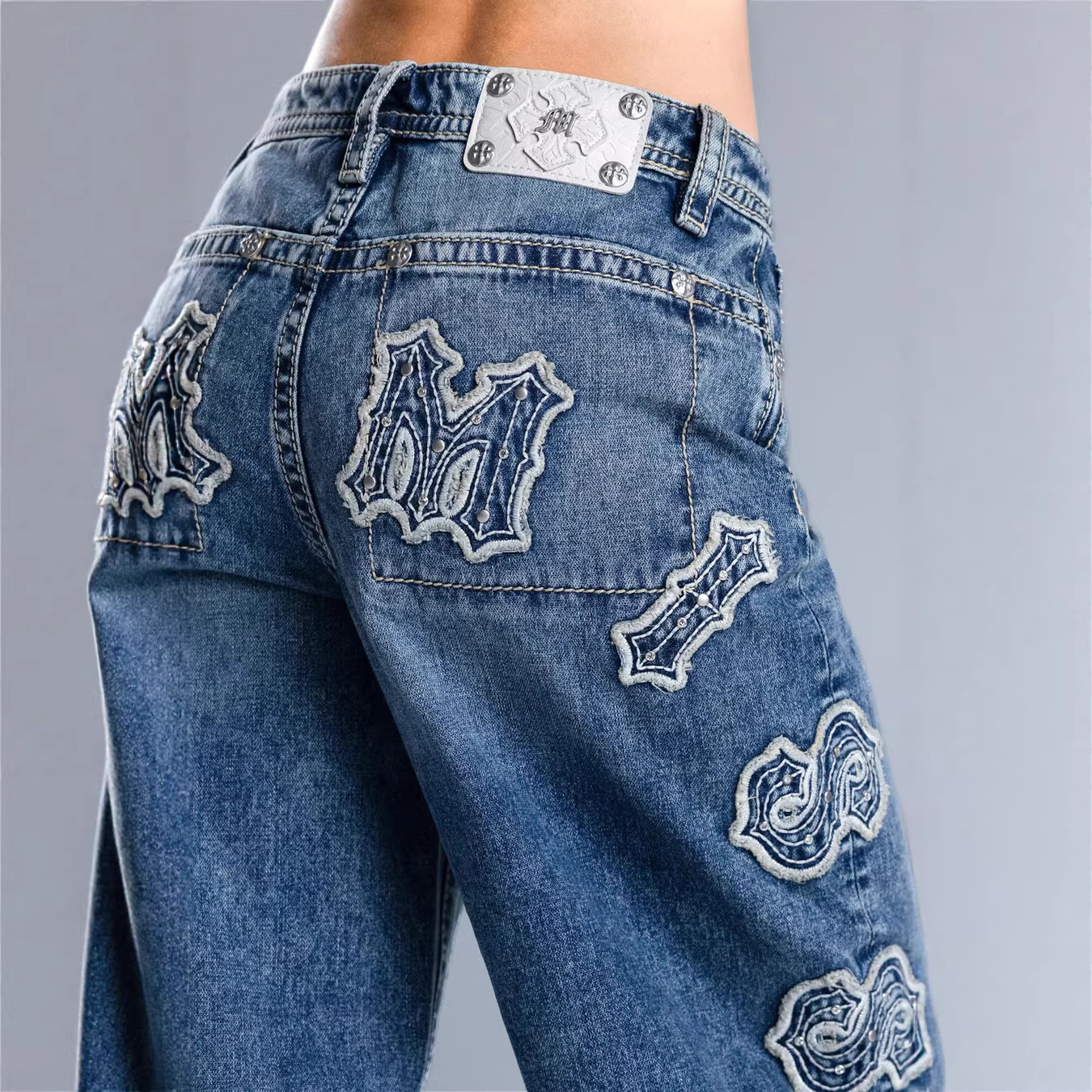 Women's High Waist Letter Embroidered Wide Leg Jeans | Vintage Light Wash Streetwear Denim Pants