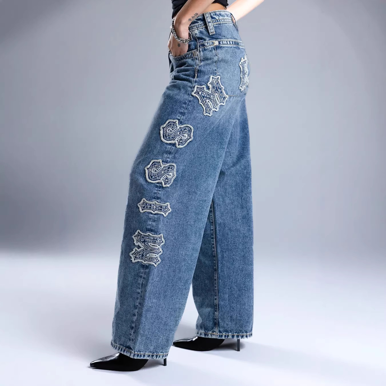 Women's High Waist Letter Embroidered Wide Leg Jeans | Vintage Light Wash Streetwear Denim Pants