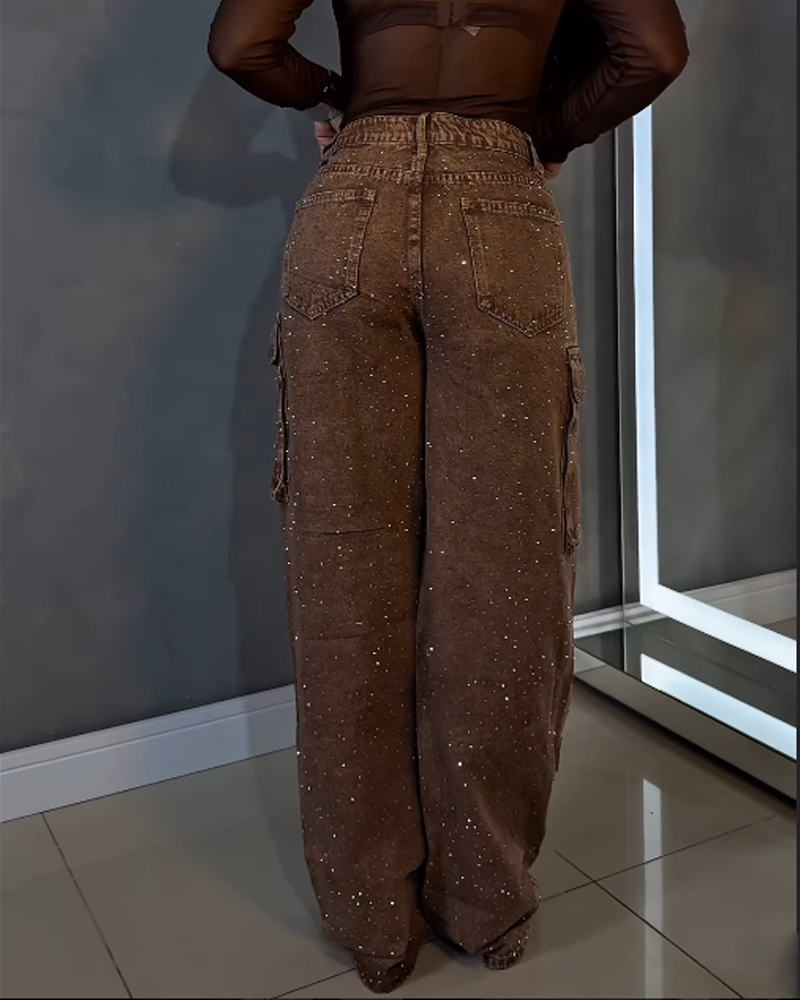 Casual Urban-Style Jeans with Rhinestone-Embellished Pockets