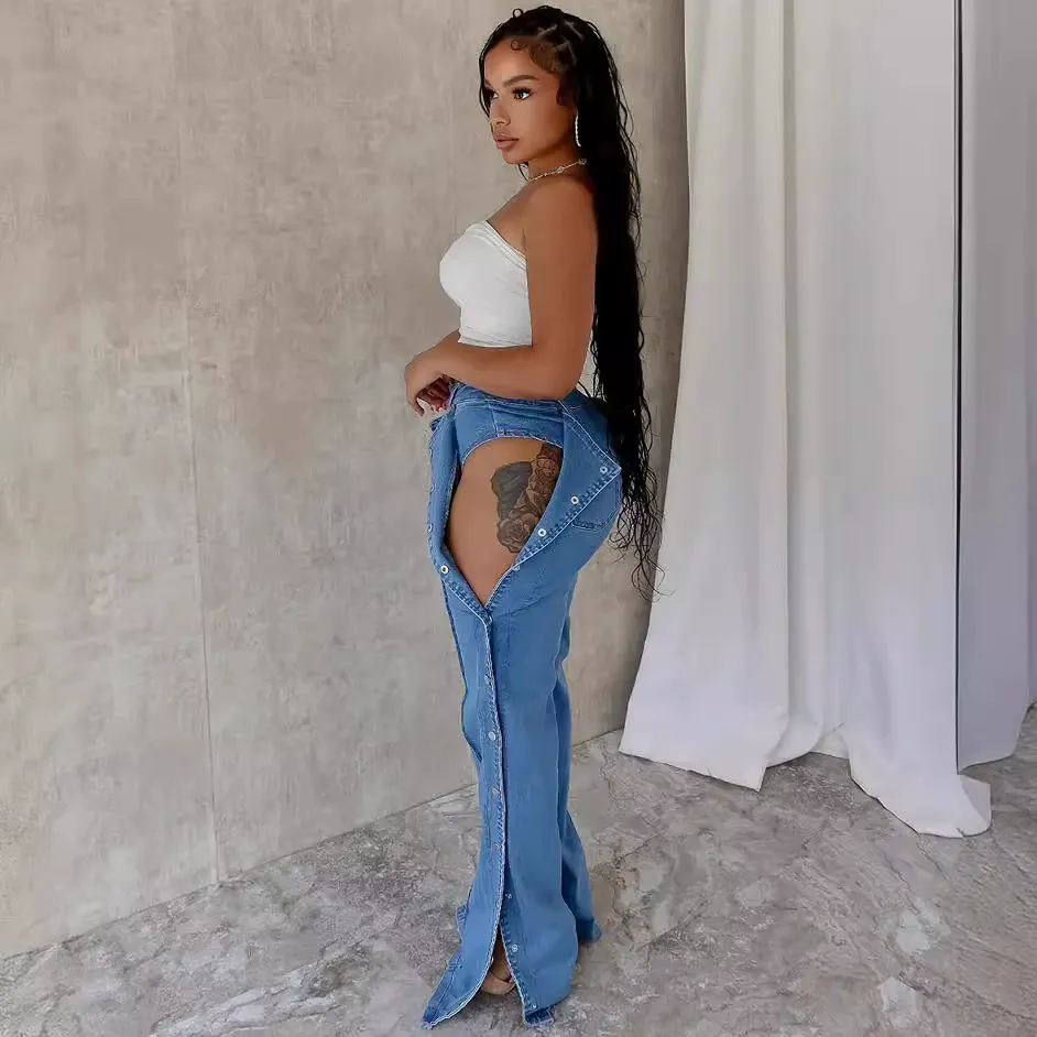 Fashion Street Style High-Waisted Jeans with Double Side Button Closures