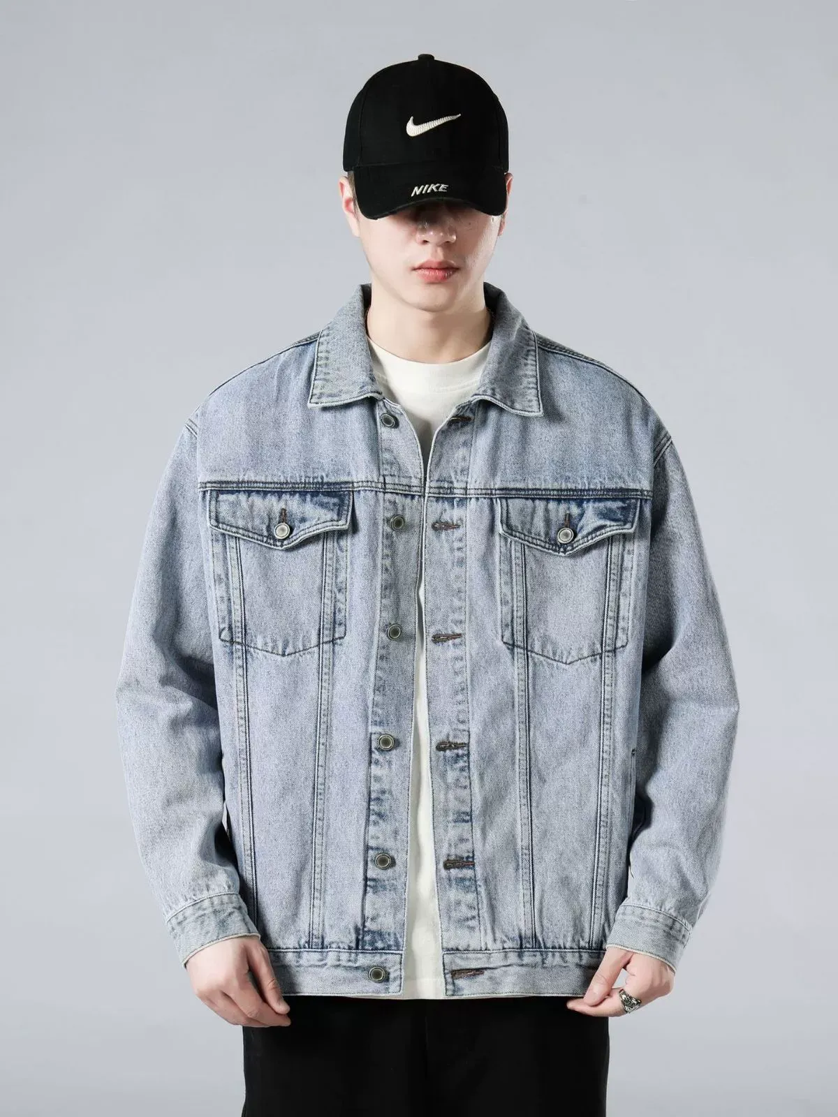 LOCKETOMY Men's Street Style Denim Jacket, Loose Fit Lapel Button Up Jean Coat, Sizes S-4XL
