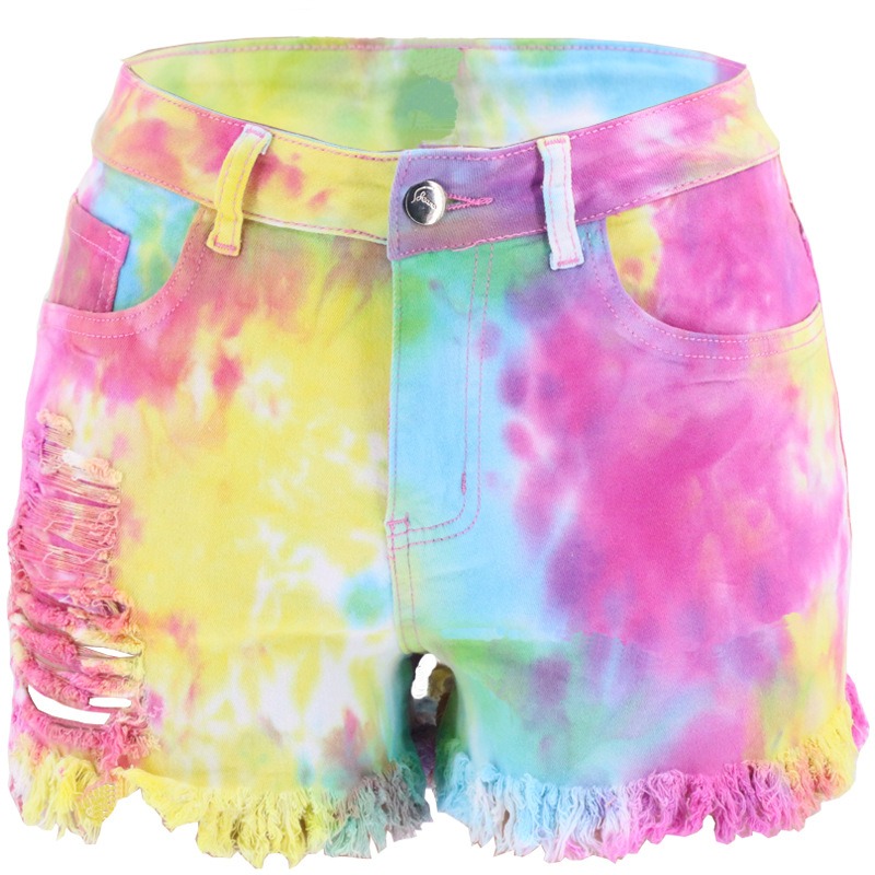 Women's Mid Waist Tie-Dye Denim Shorts - Frayed Hem Casual Summer Jean Shorts 