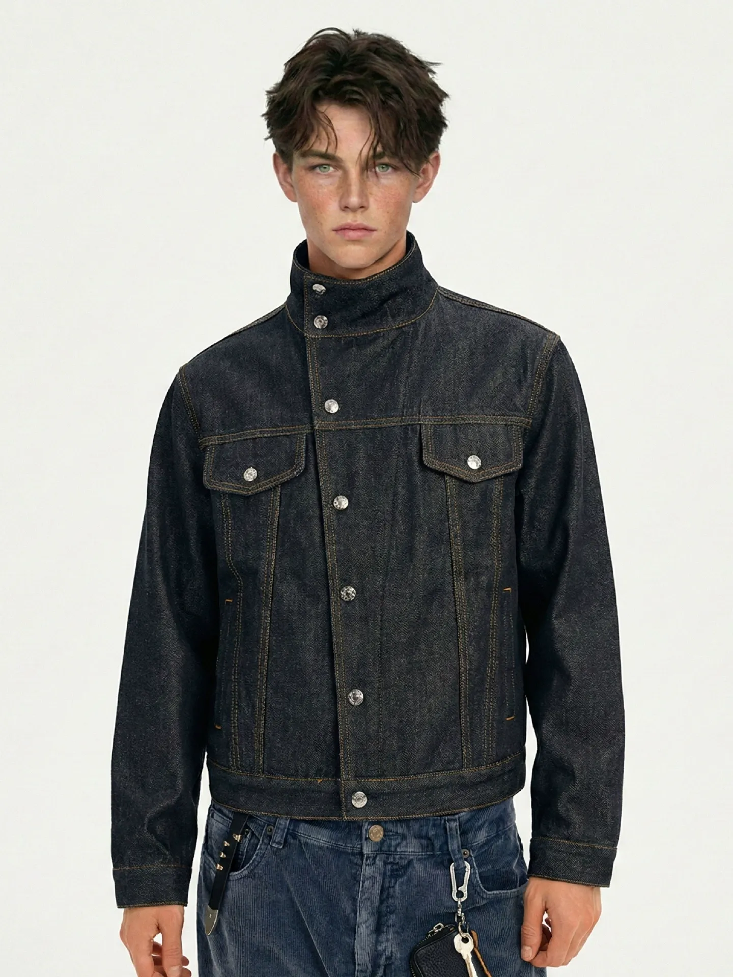 Men's Stand Collar Denim Jacket | 95% Cotton 5% Spandex Slim Fit American Style Casual Coat