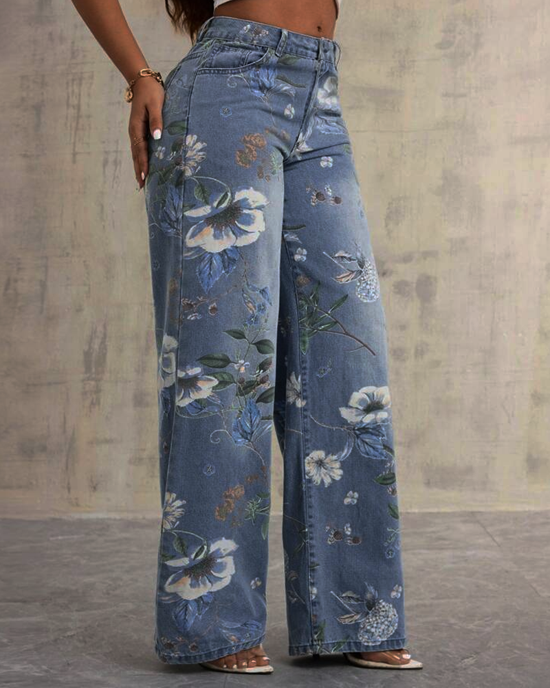 High-waisted, straight-leg printed jeans