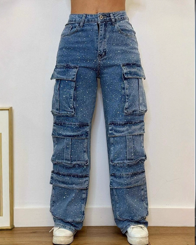 Casual Urban-Style Jeans with Rhinestone-Embellished Pockets