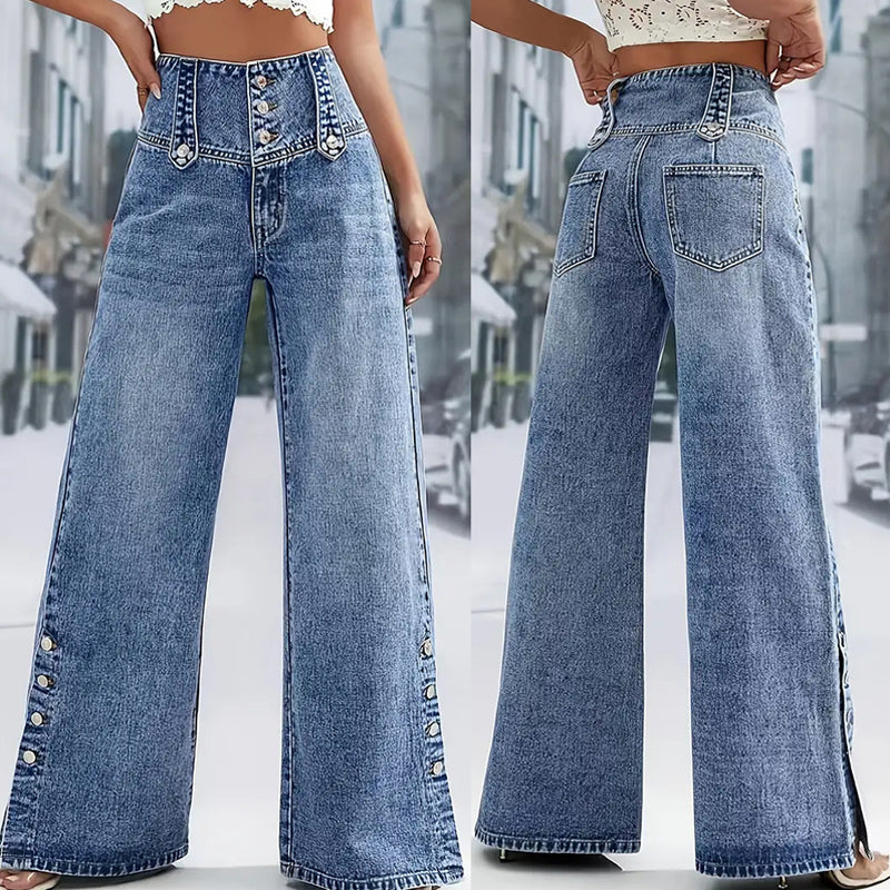Jean taille haute pour femme – Coupe large avec braguette et fente à l'ourlet👖✨