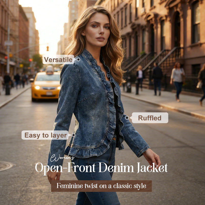💙✨ Women's Denim Jacket – Ruffle Trim, Open Front, Lightweight, Versatile ✨