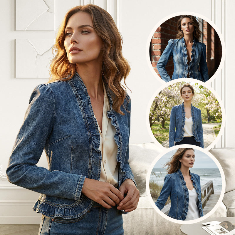 💙✨ Women's Denim Jacket – Ruffle Trim, Open Front, Lightweight, Versatile ✨