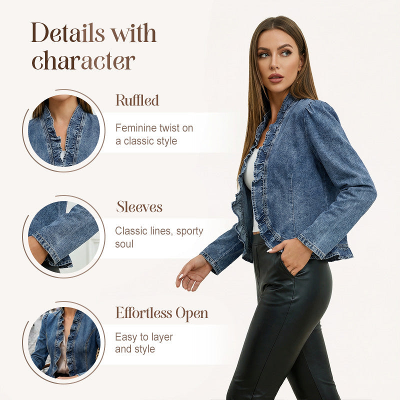 💙✨ Women's Denim Jacket – Ruffle Trim, Open Front, Lightweight, Versatile ✨