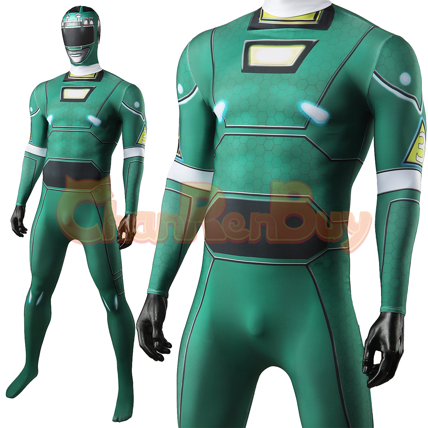 Green Racer Costume Gekisou Sentai Carranger Minoru Uesugi Bodysuit Cosplay for Adult Kids