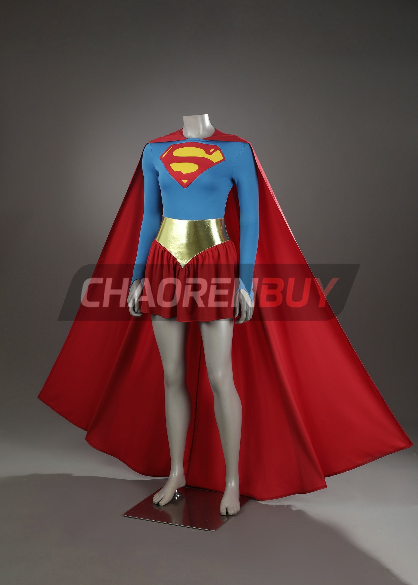 Superhero Man Girl Costume Woman of Blue Red Cape Suit Cosplay