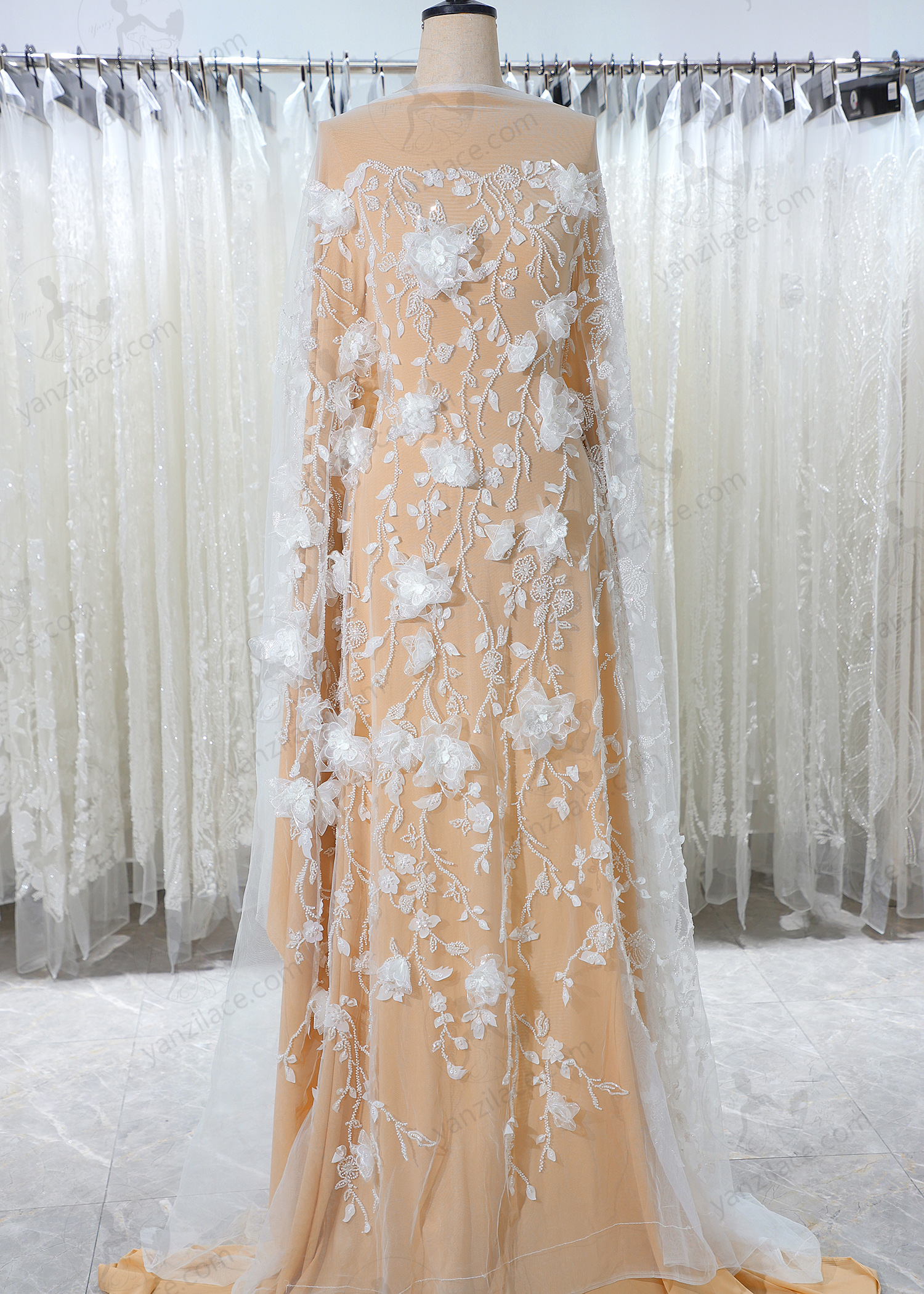 Yanzi 3D floral embroidered lace with beaded sequin  (YZ3DX008)