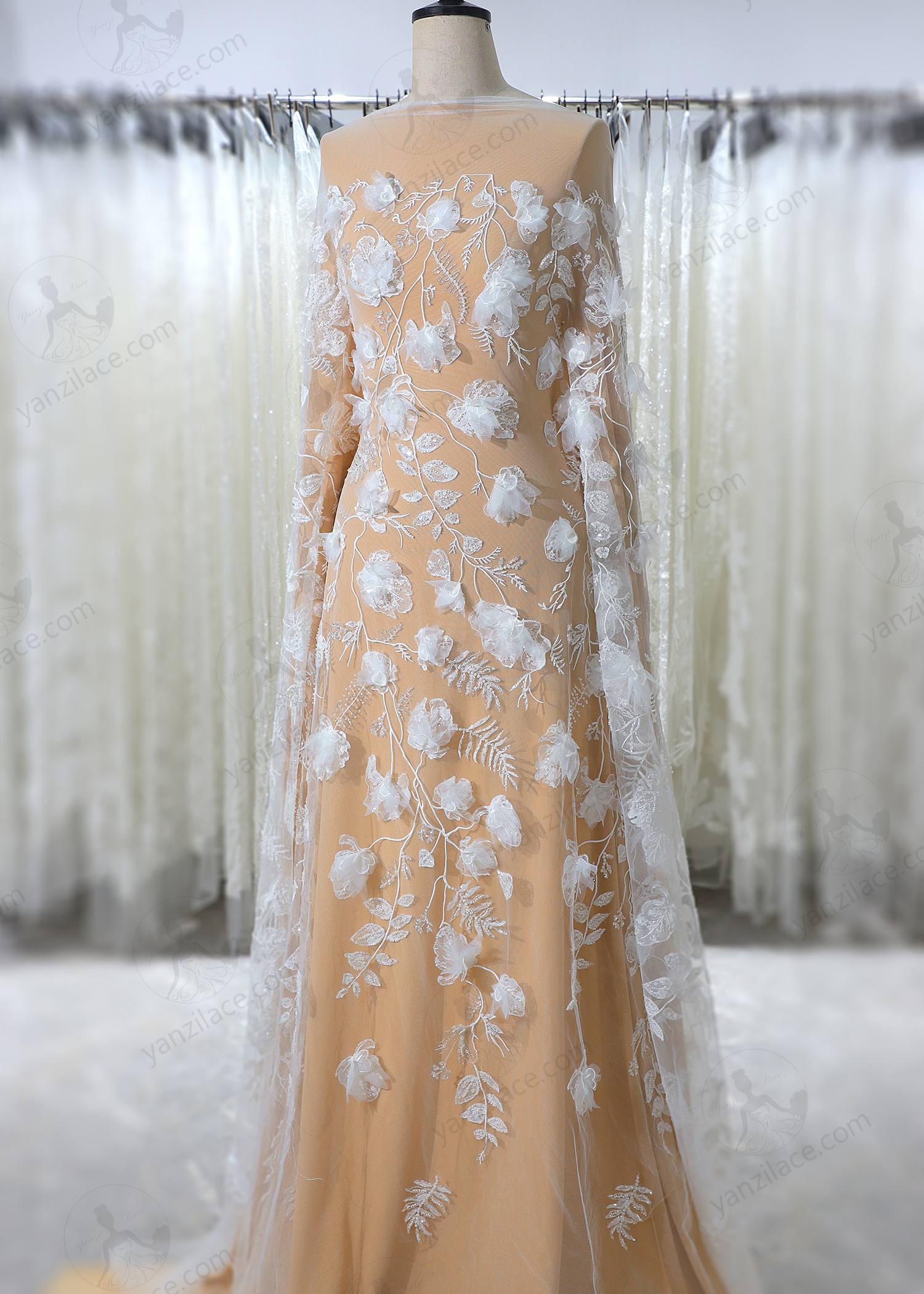 Yanzi 3D floral embroidered lace with beaded sequin  (YZ3DX010)