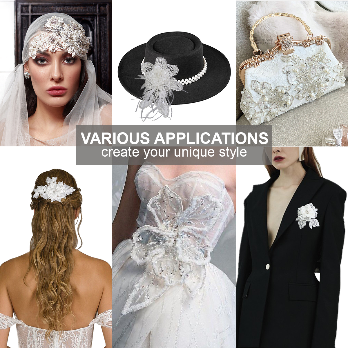 Yanzi Handmade Black Lace Beaded Applique Sew on Sequins Trimming Patches for Dress Clothing Accessories (YZDH005）