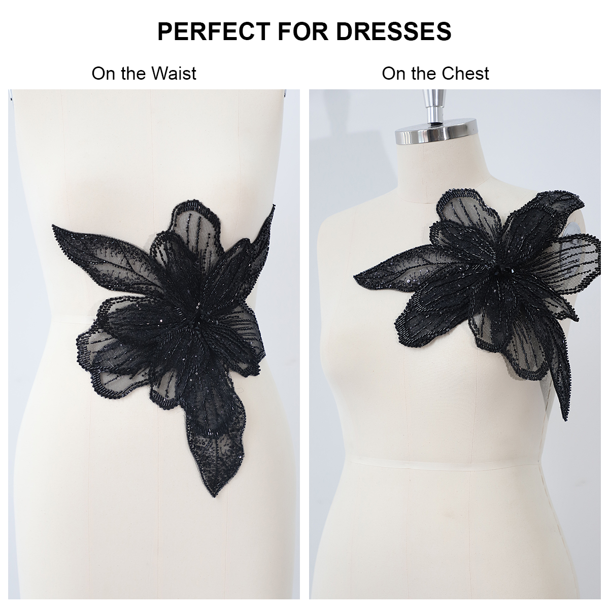 Yanzi Handmade Black Lace Beaded Applique Sew on Sequins Trimming Patches for Dress Clothing Accessories (YZDH005）